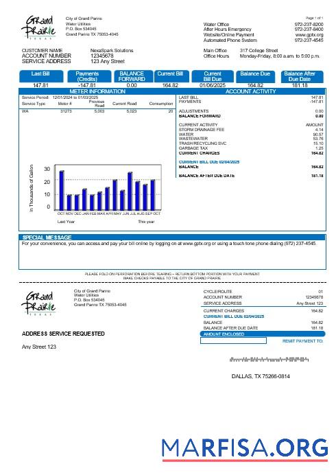 Realistic USA Texas Grand Prairie business utility bill template in Word and PDF formats